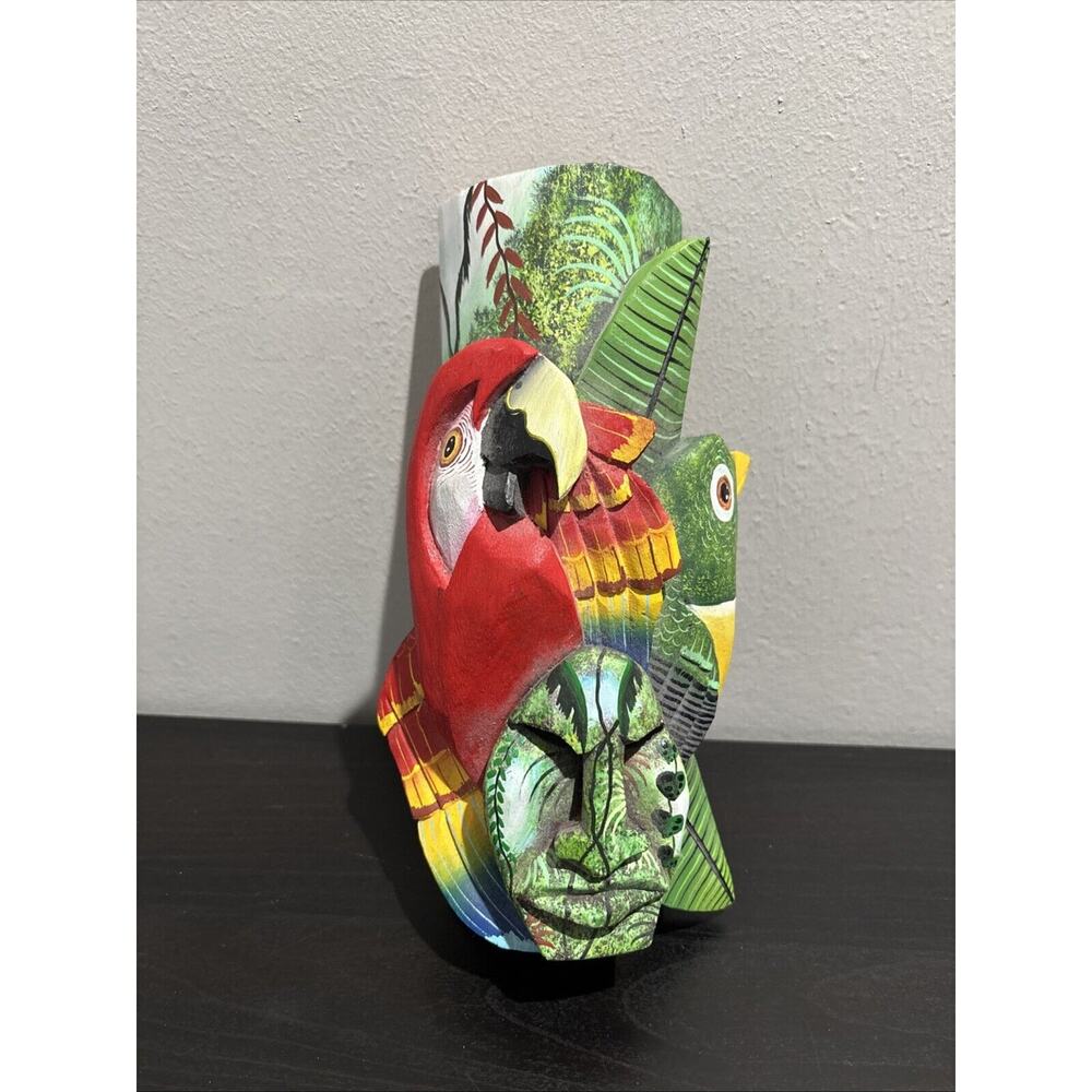 Stunning Boruca Mask HandCarved Macaw Quetzal Tribal Spirit Face Costa Rica 8.5”